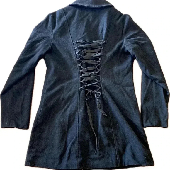 Hot Topic Goth Asymmetric Zip Wool Trench Coat Corset Lace Up Back LG - Picture 4 of 7